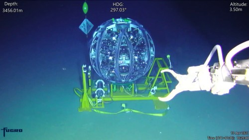 Stringa di rivelazione del telescopio sottomarino ARCA durante l'installazione sul fondo al mare. In primo piano è uno dei due bracci del veicolo sottomarino usato per l'operazione
