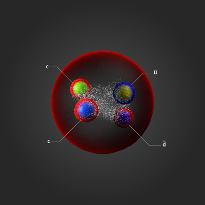 Rappresentazione artistica di un tetraquark compatto costituito da due quark charm, un anti-quark up ed un anti-quark down. 